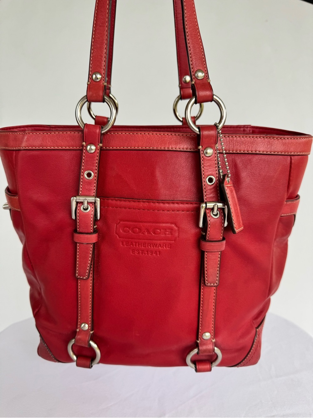 Coach Red Leather Tote with Signature Leatherware Embossing